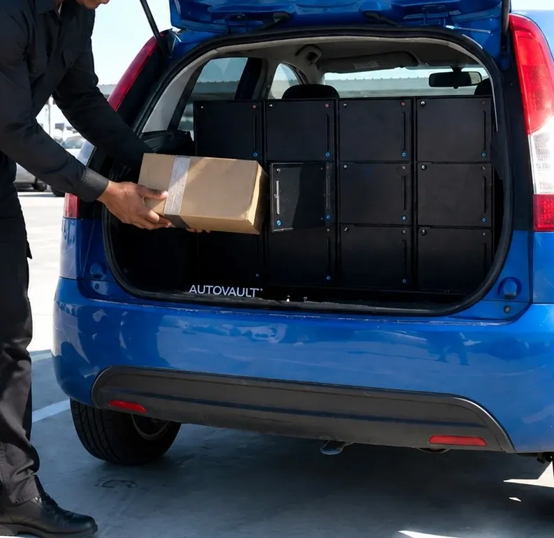 A driver loading a parcel into an AutoVault unit fitted in a delivery vehicle
