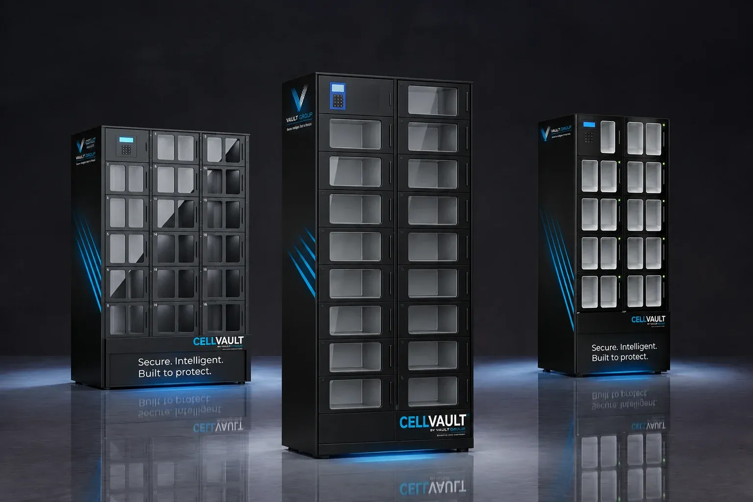 Three CellVault smart lockers for high-value retail stock — Front-of-House and Back-of-House builds — standing in a triangle on a reflective studio floor