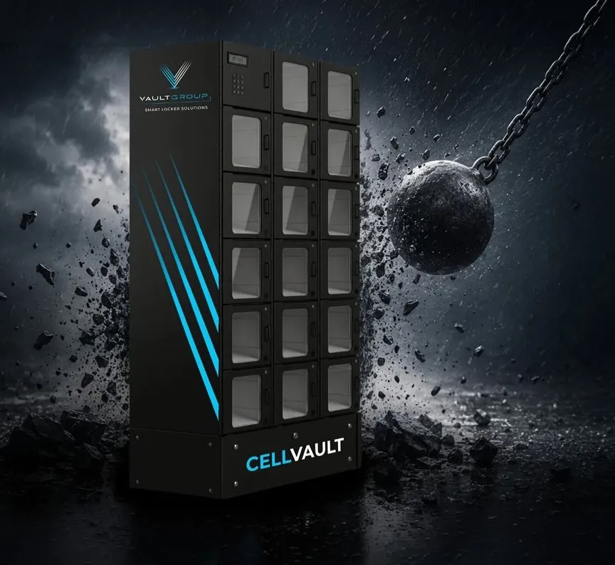 A CellVault unit withstanding a wrecking ball impact test