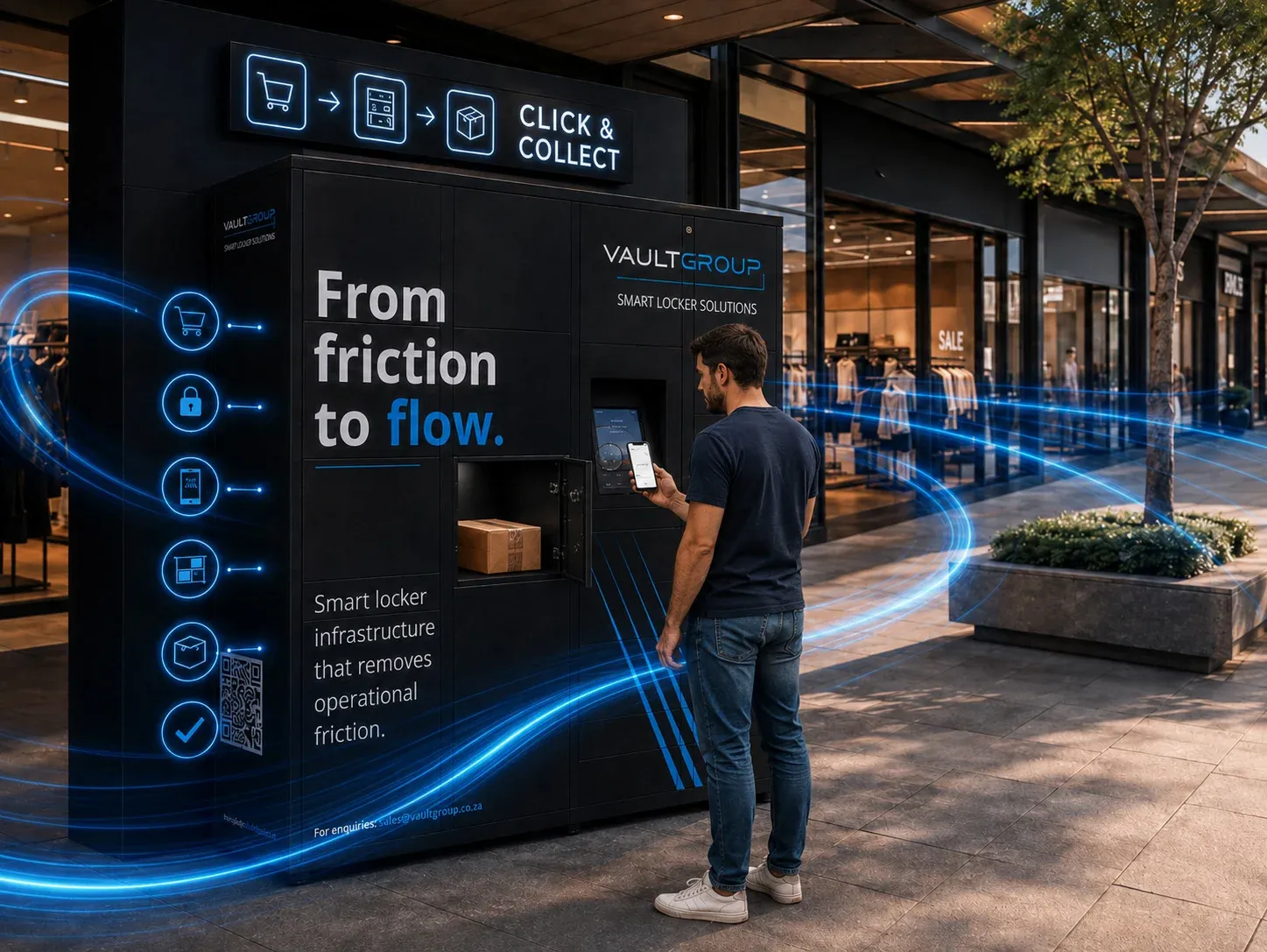 A Click & Collect PackVault unit in a shopping mall concourse
