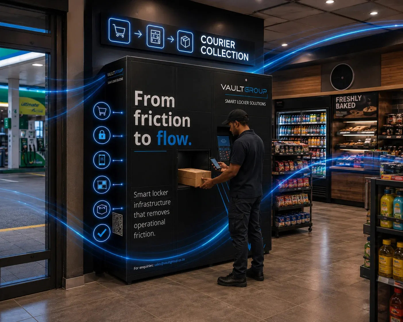 A courier clearing a drop at a PackVault collection point