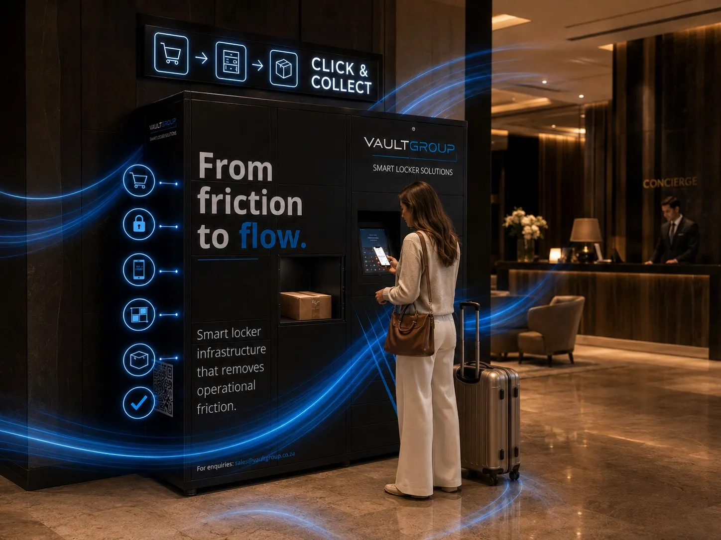 A guest collecting a key from a lobby PackVault unit