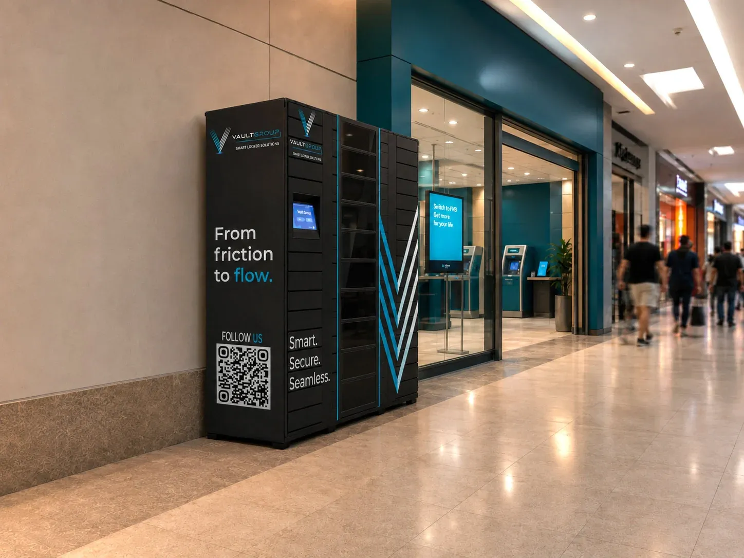 A CollectVault unit outside a bank branch in a shopping mall