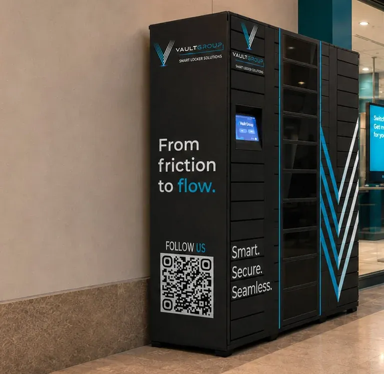 A CollectVault unit outside a bank branch in a shopping mall