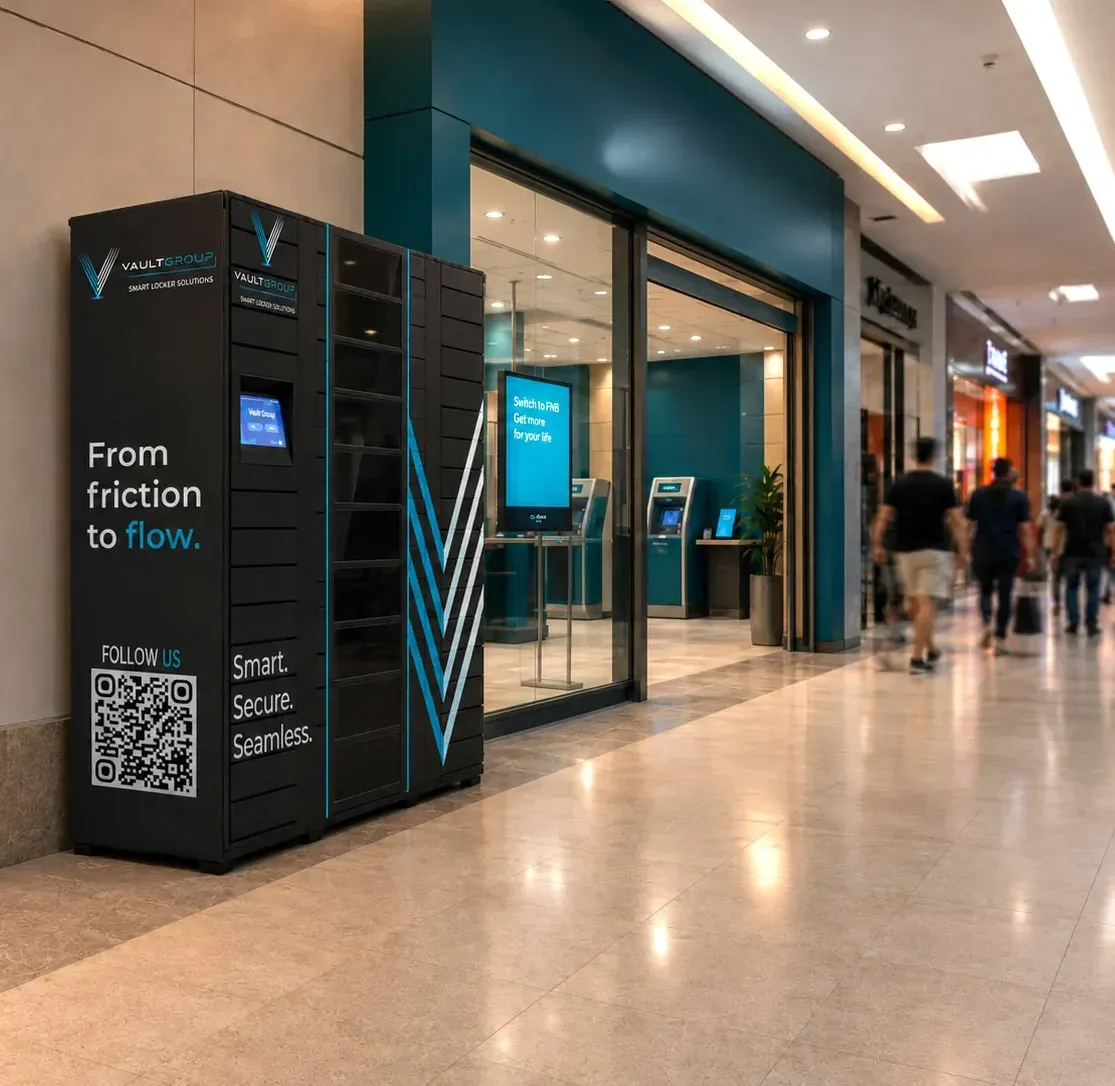 A CollectVault unit outside a bank branch in a shopping mall