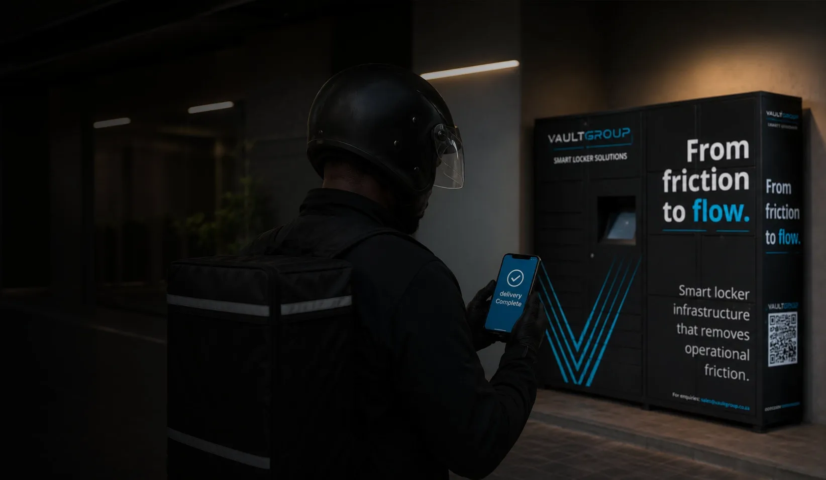A helmeted courier collecting a parcel from a VaultGroup locker