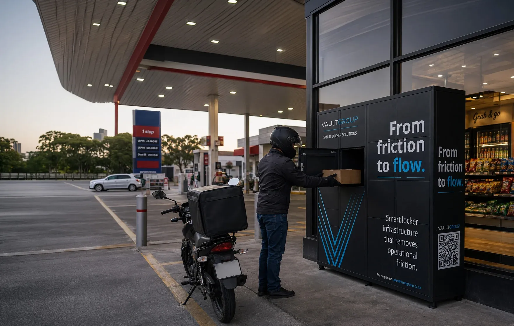 A scooter courier clearing a drop at a roadside PackVault unit