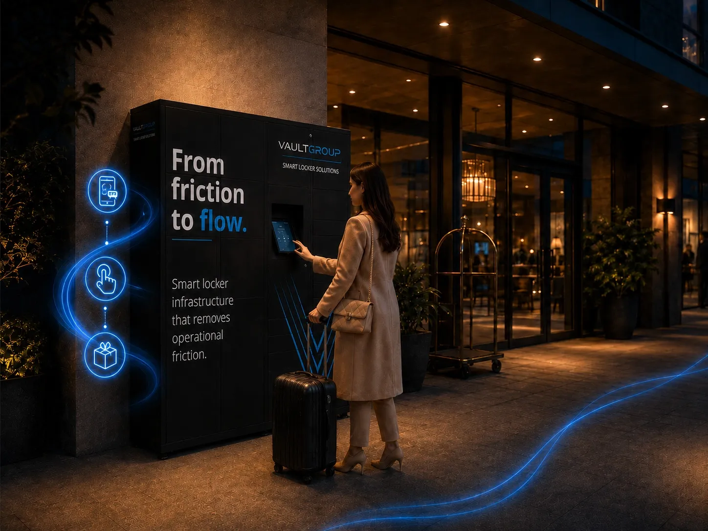 A guest with luggage using a Drop & Play locker outside a hotel
