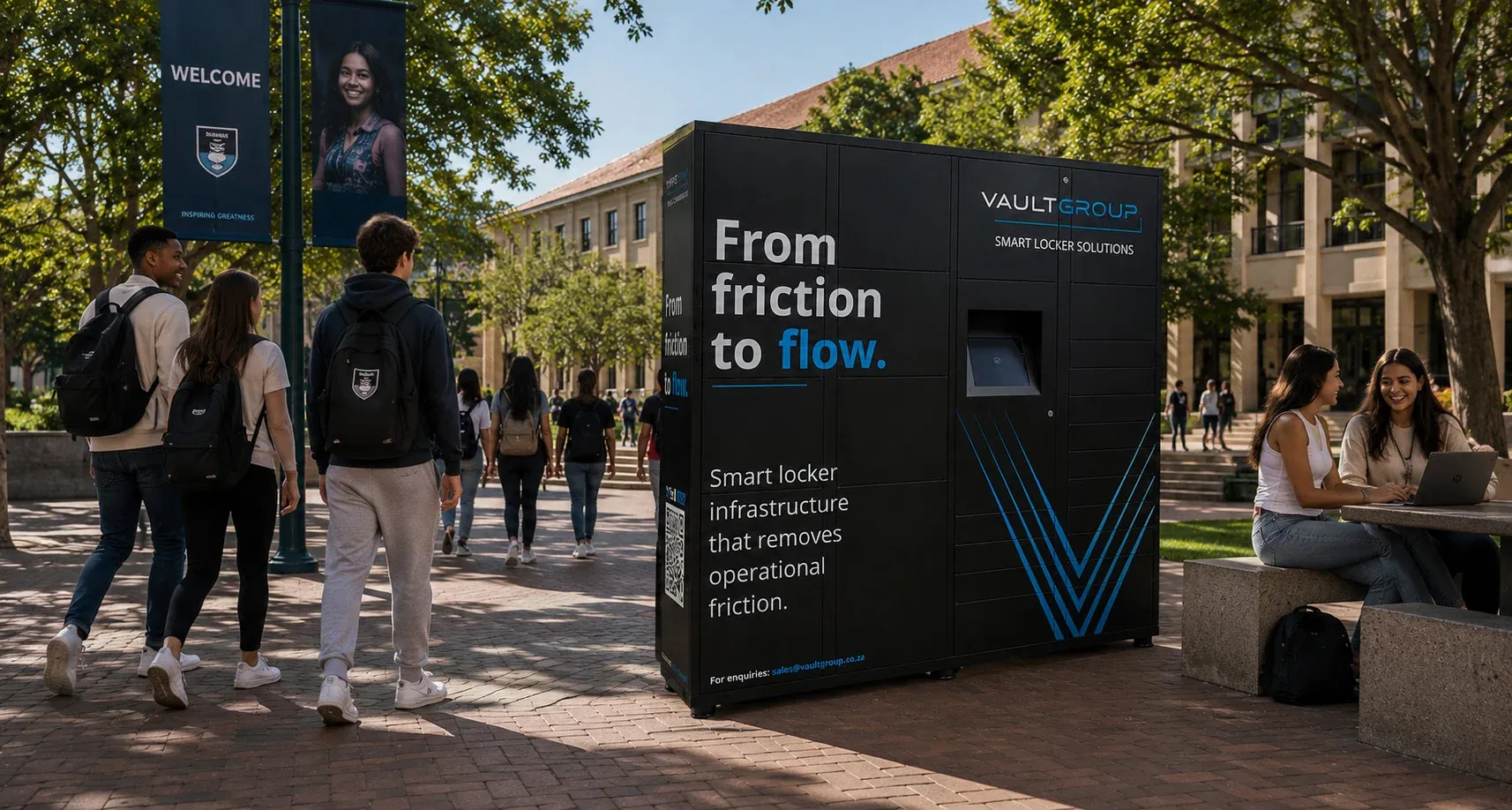 Students passing a VaultGroup smart locker on a campus walkway