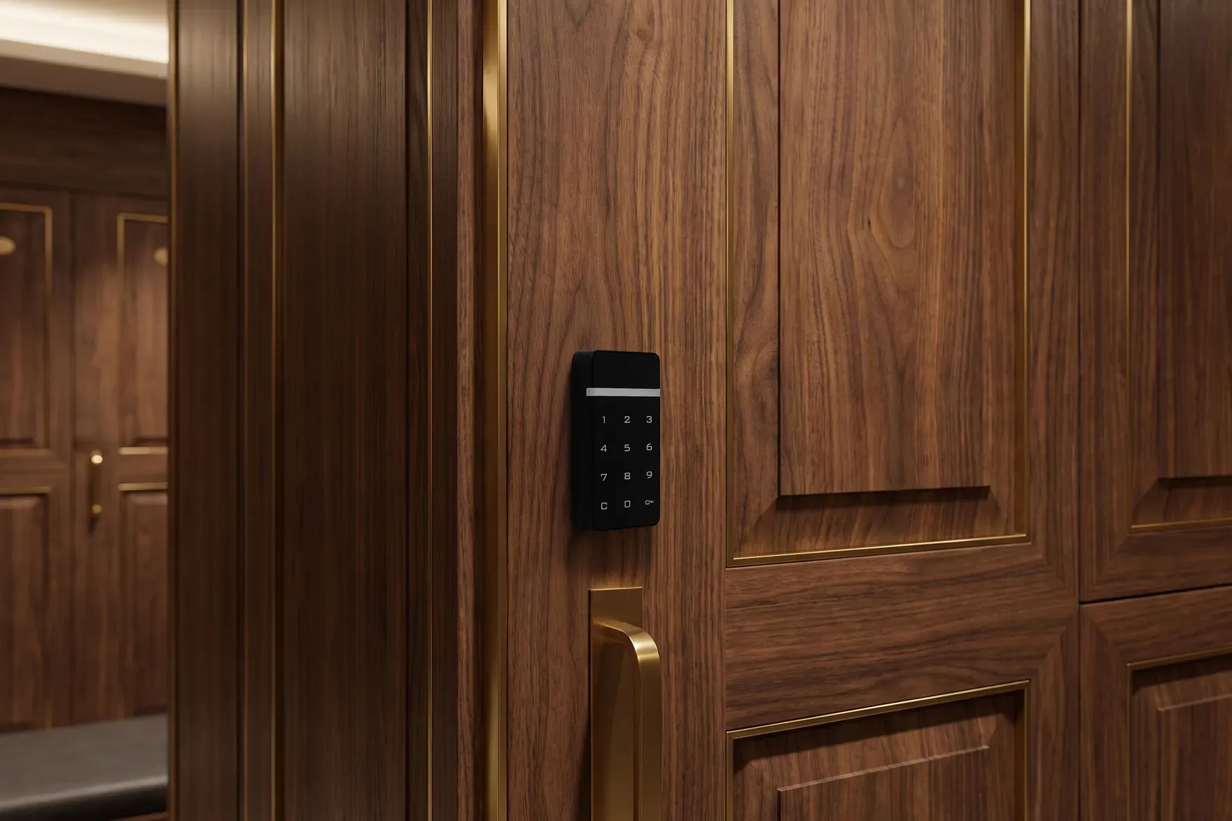 A VG SmartLock keypad on a timber locker door, seen from the side