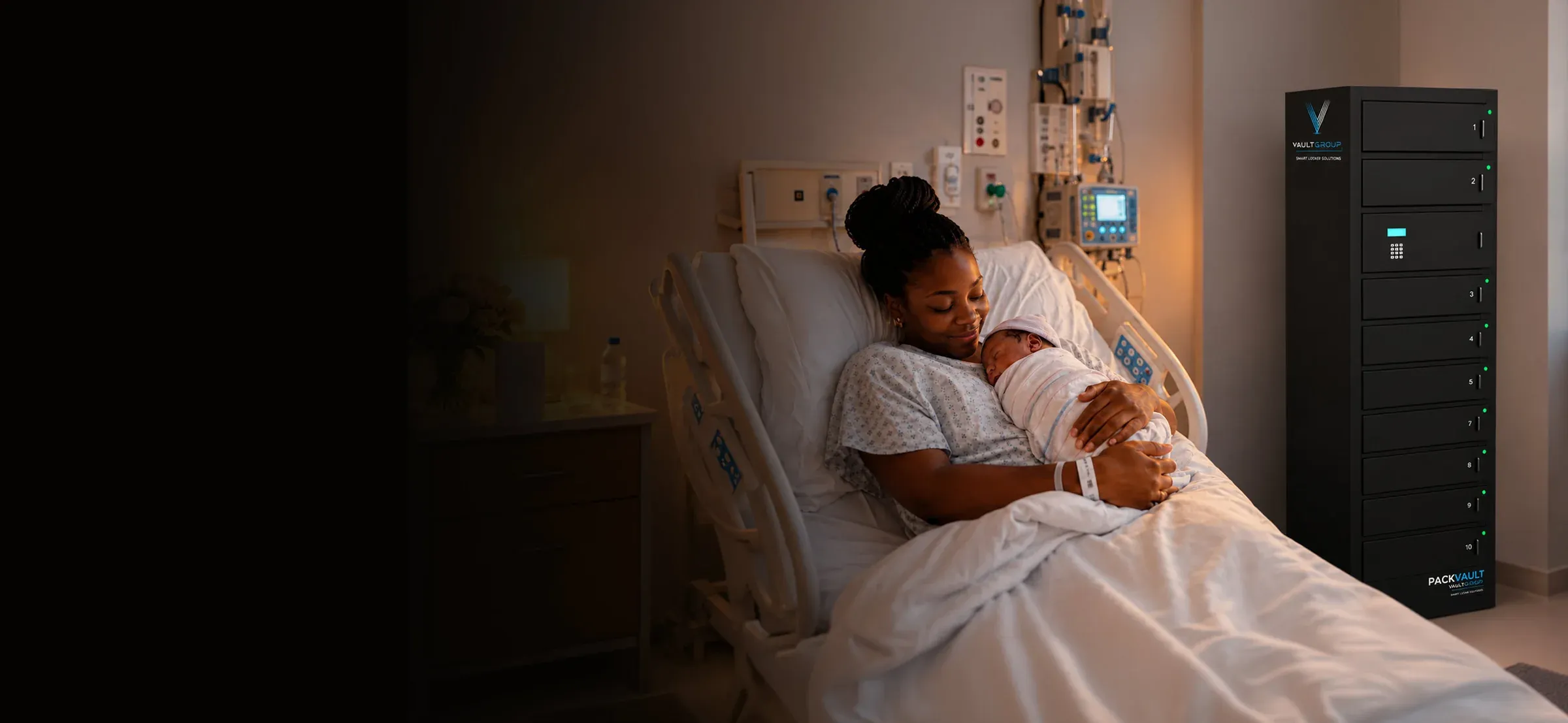 A mother holding her newborn in a hospital bed, with a PackVault smart locker for patients' belongings beside her