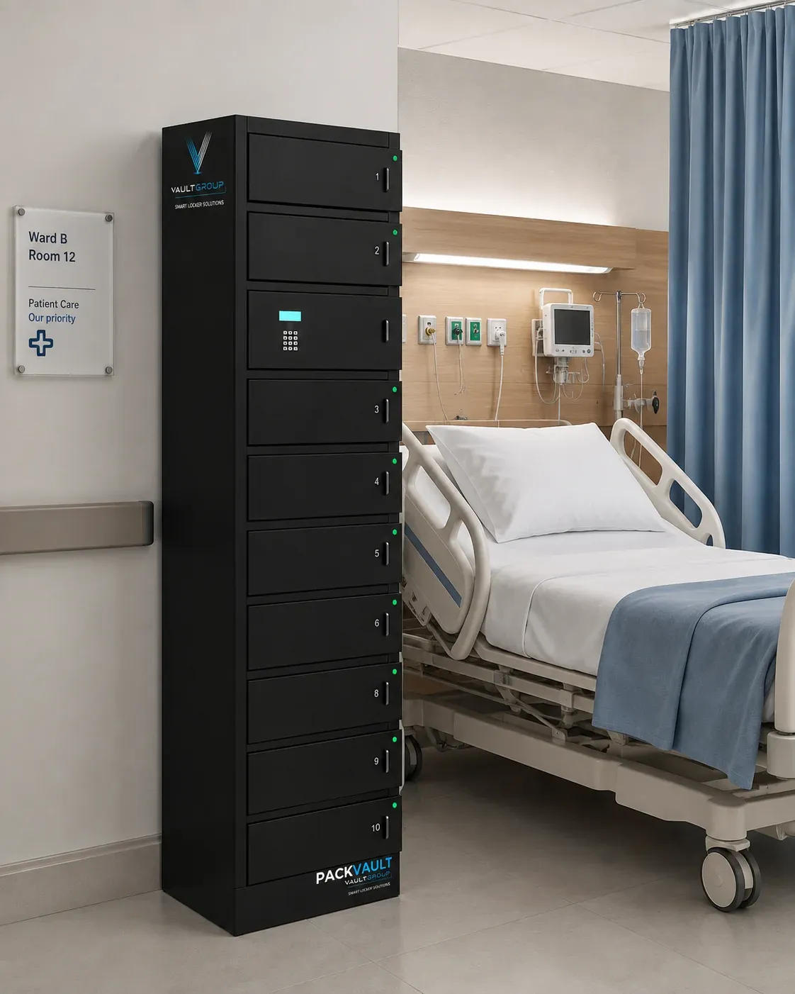 A PackVault Store & Charge smart locker beside a hospital ward bed, for patients' belongings and device charging