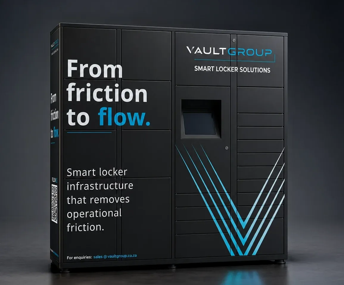 A PackVault smart locker unit, studio lit, carrying the From friction to flow livery