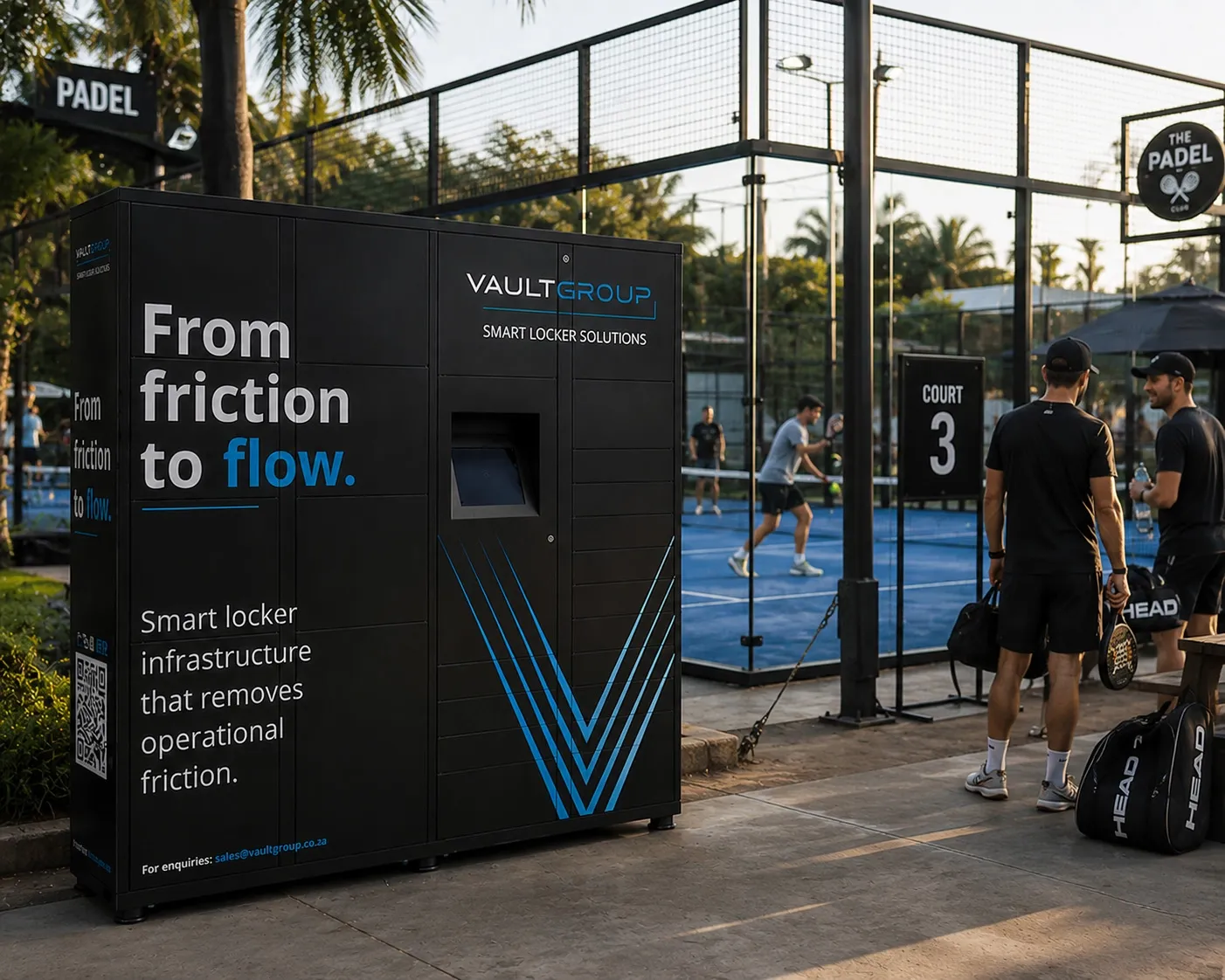 A PackVault unit beside a padel court at a lifestyle club
