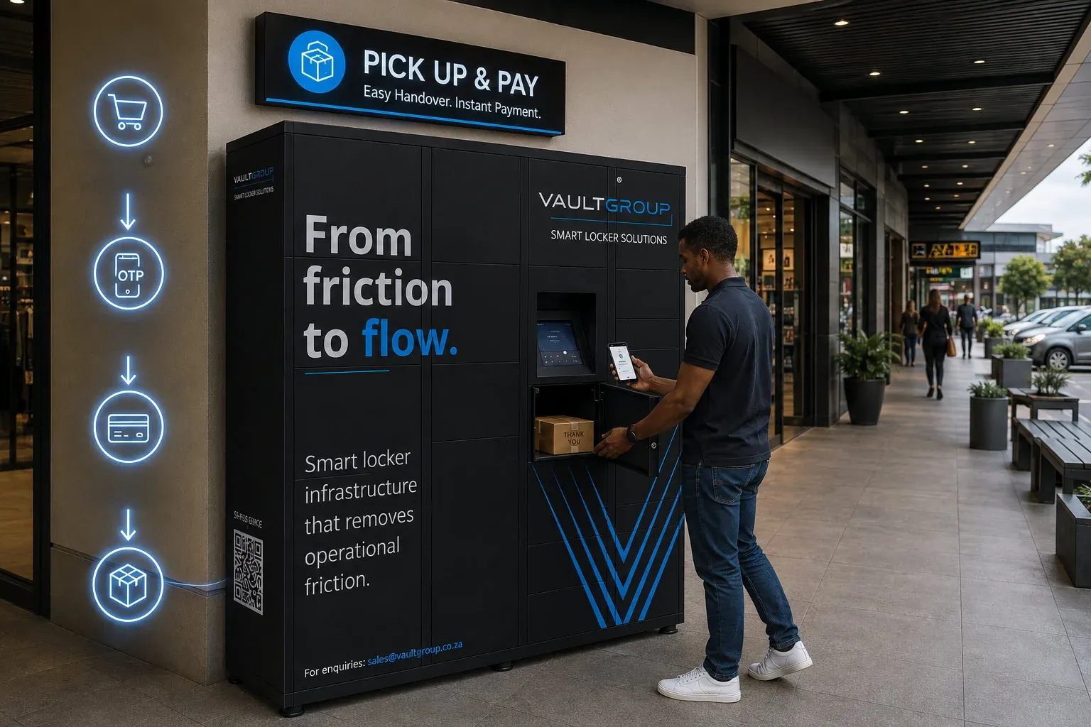 A shopper paying at a Pick Up and Pay locker outside a store
