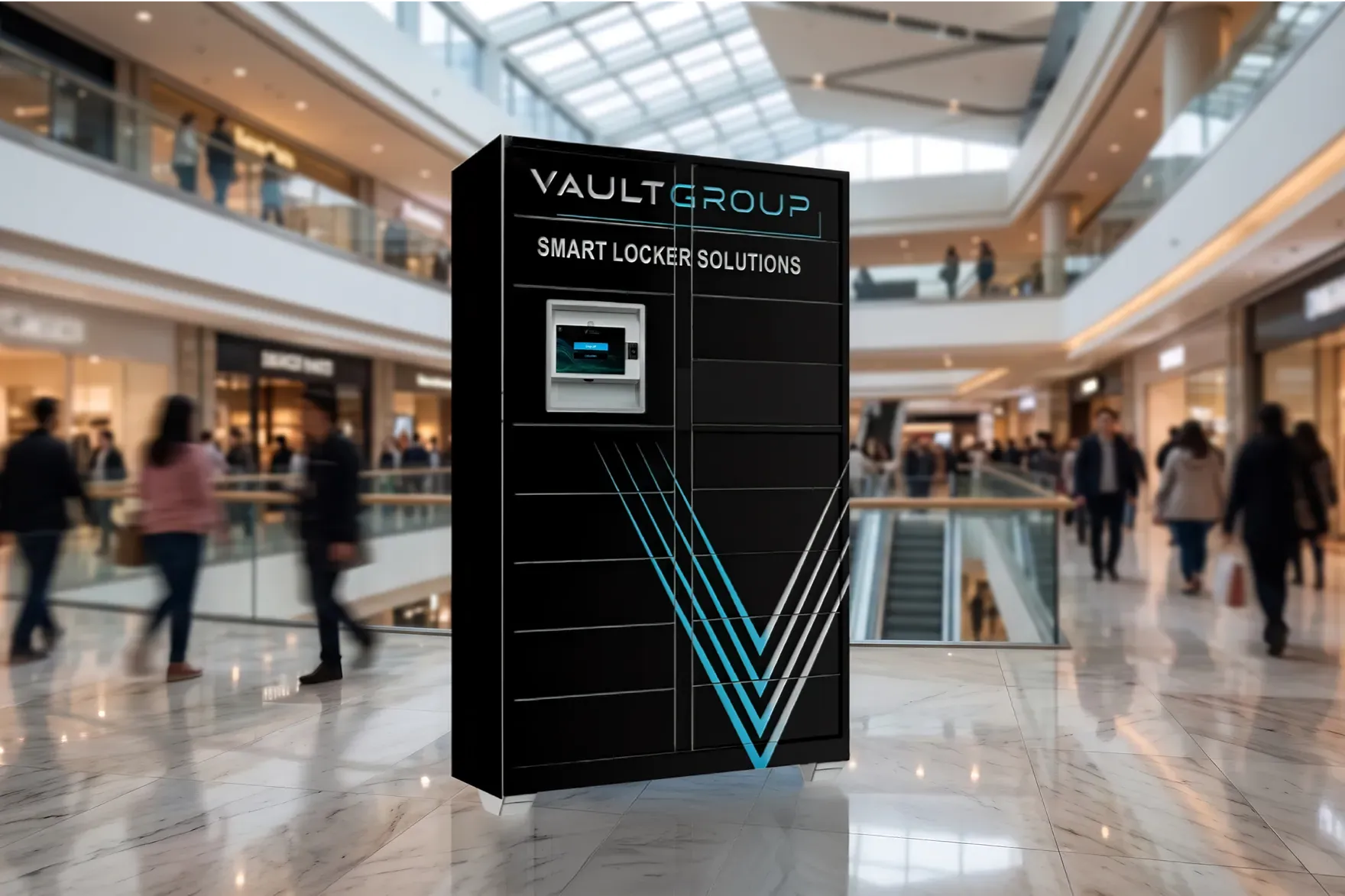 A VaultGroup PackVault smart locker standing in a bright, busy shopping mall