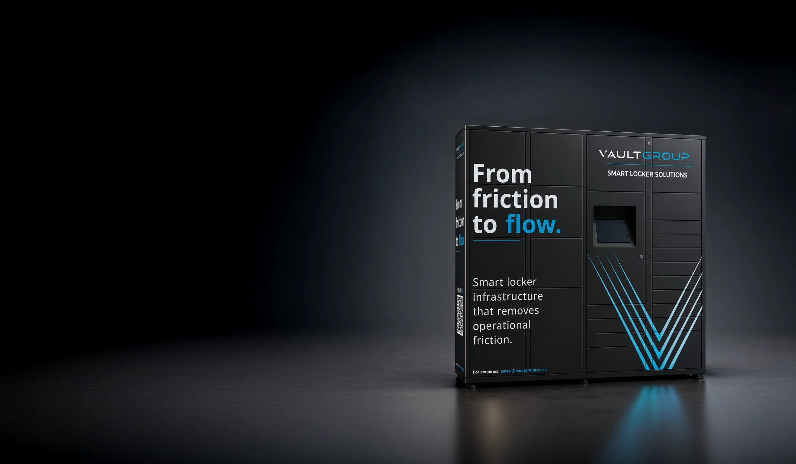 A PackVault smart locker unit, studio lit, carrying the From friction to flow livery