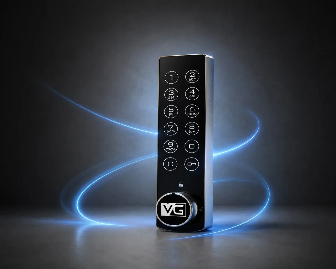 The VG SmartLock Slim unit, upright, lit by a blue sweep